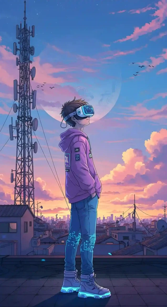 Futuristic VR Dreamer – Cyberpunk Anime Sunset Wallpaper