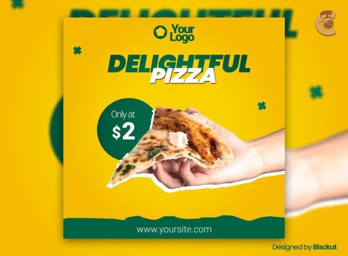 Pizza offer flyer template showcasing vibrant design for restaurants and food promotions, featuring customizable text and high-quality visuals for digital marketing.
