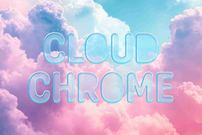Free Cloud Chrome Transparent Text Effect PSD with 3D glass look for modern, sleek typography.