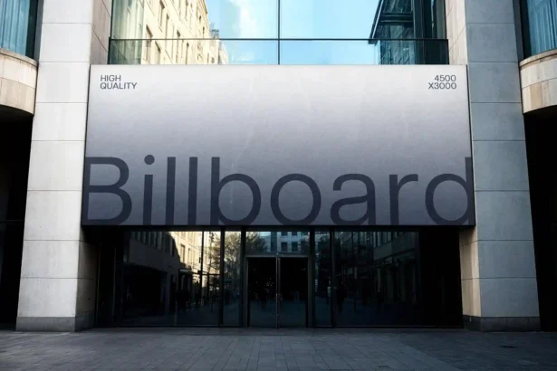 Realistic Concrete Building Billboard Mockup for outdoor advertising designs.