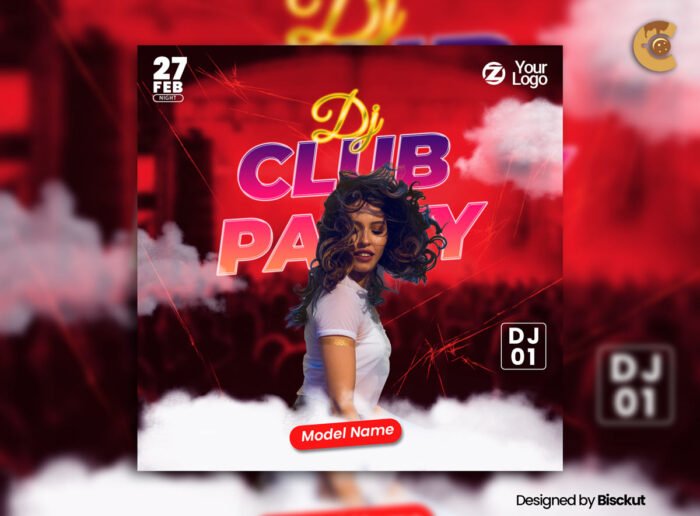 Editable DJ party flyer template for nightclubs, music events, and concerts. High-energy design for event promotion.