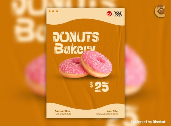 Bakery flyer template with donuts and pastries, perfect for promoting dessert shops and digital marketing.