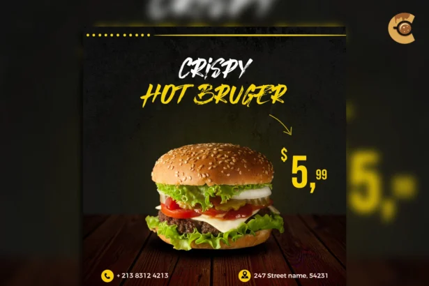 Crispy Hot Burger Flyer Template showcasing a modern and bold design for restaurant promotions and burger deals.