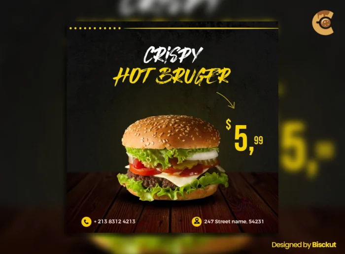 Crispy Hot Burger Flyer Template showcasing a modern and bold design for restaurant promotions and burger deals.