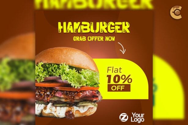 Free hamburger promotional flyer template for burger restaurants and food businesses, customizable for special offers and events.