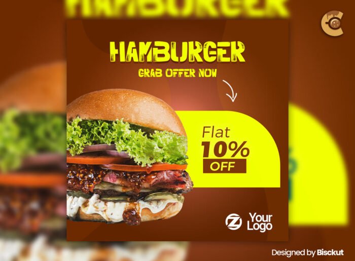Free hamburger promotional flyer template for burger restaurants and food businesses, customizable for special offers and events.
