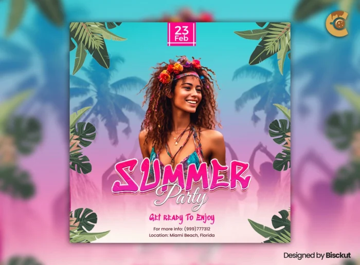 Summer Party Vibrant Flyer Template with tropical design and bold colors for beach, pool, and nightclub events.
