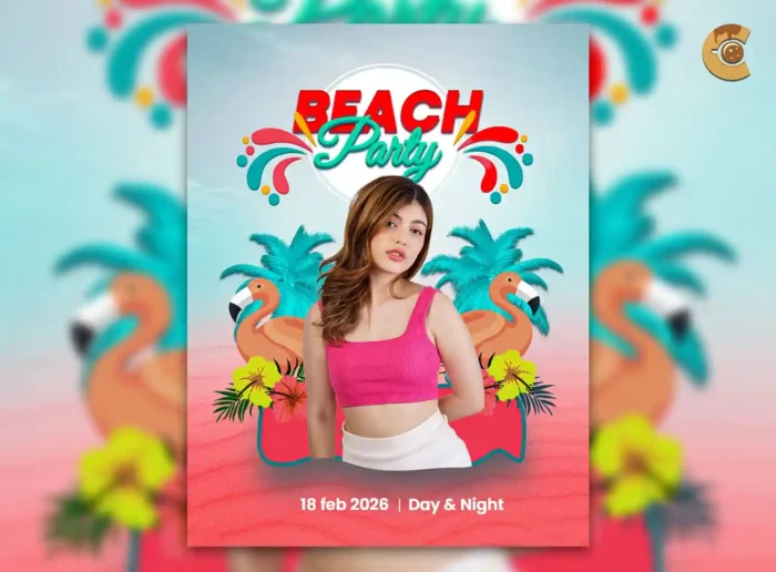 Summer Beach Party flyer with lady behind doodles, sunny background, and cursive text