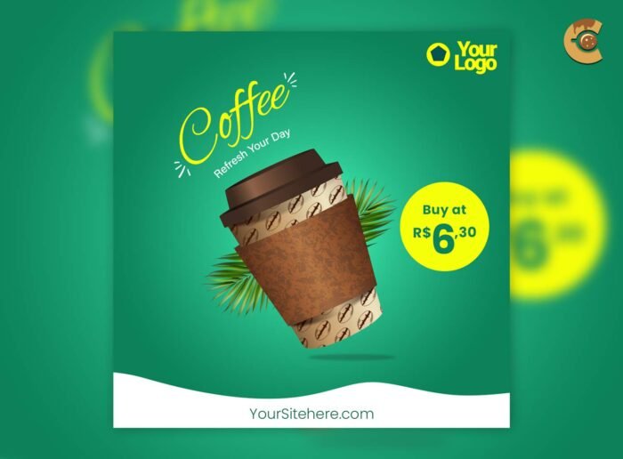"Coffee shop offer social media post template with customizable text and colors, perfect for promotions and discounts.