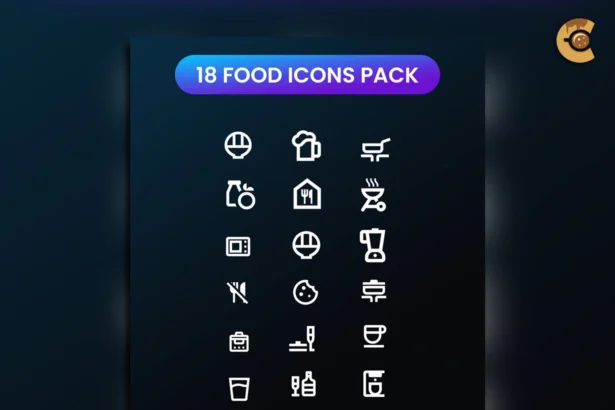 18 free food icons in vector style, including pizza, menu, fork and knife, soft drinks, and bar drink icons in AI and EPS formats.