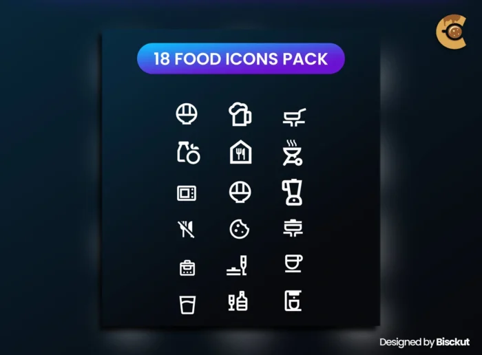 18 free food icons in vector style, including pizza, menu, fork and knife, soft drinks, and bar drink icons in AI and EPS formats.