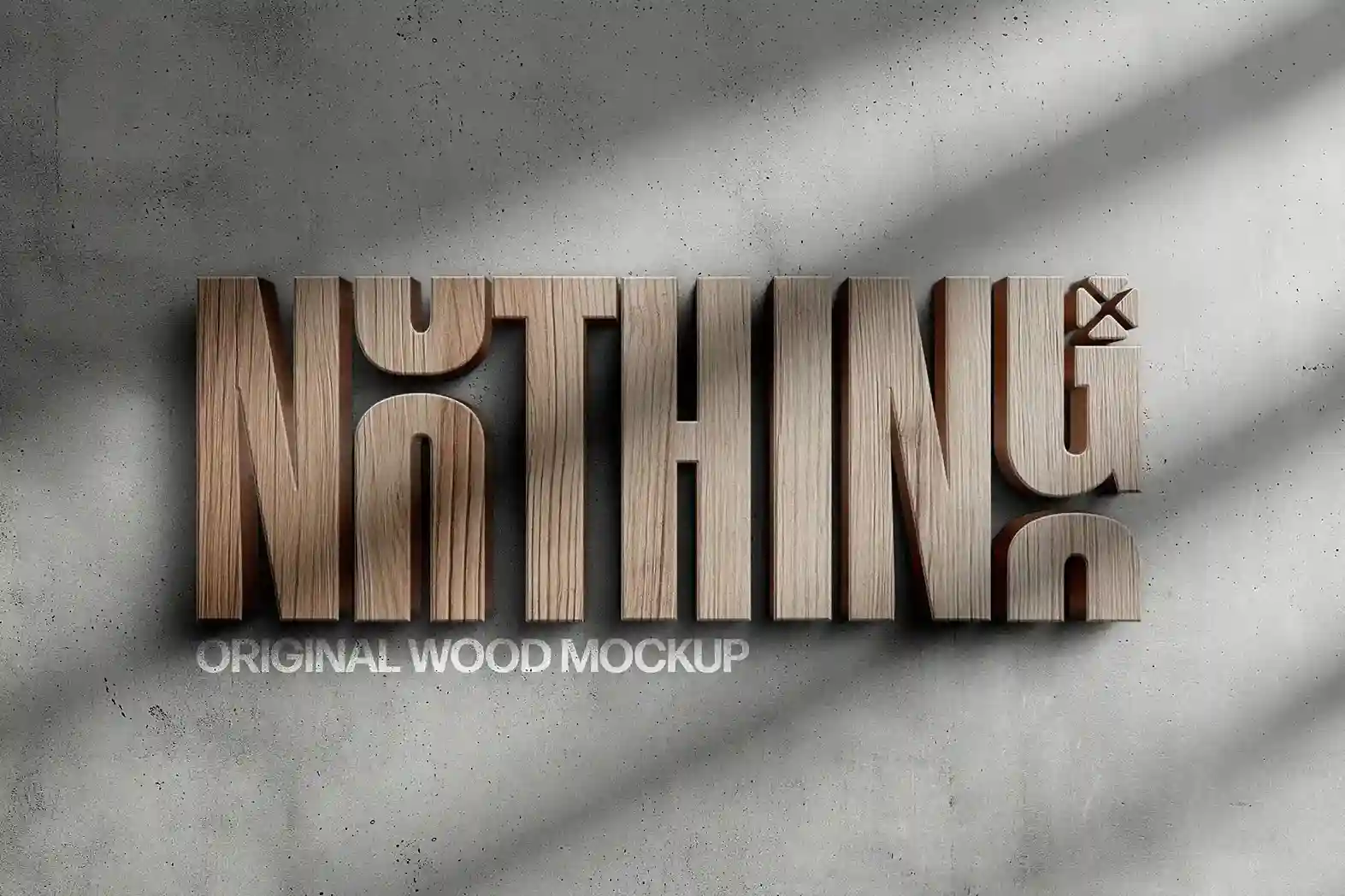 3D wooden logo mockup on concrete wall with realistic shadows and engraved text effect.