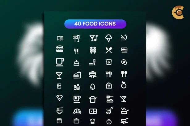 Set of 40 free vector food icons in AI and EPS format, including pizza, cookies, drinks, utensils, and menu symbols for restaurant and app design