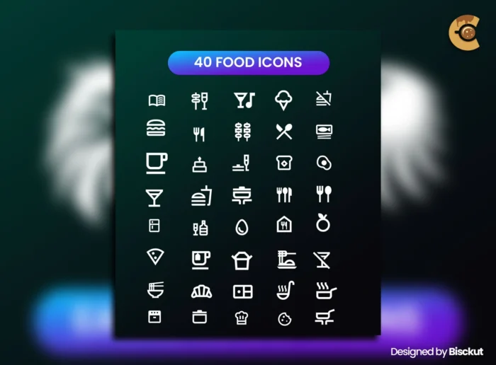 Set of 40 free vector food icons in AI and EPS format, including pizza, cookies, drinks, utensils, and menu symbols for restaurant and app design