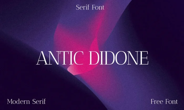 Elegant display of Antic Didone serif font showing uppercase, lowercase, and multilingual characters in a modern style.