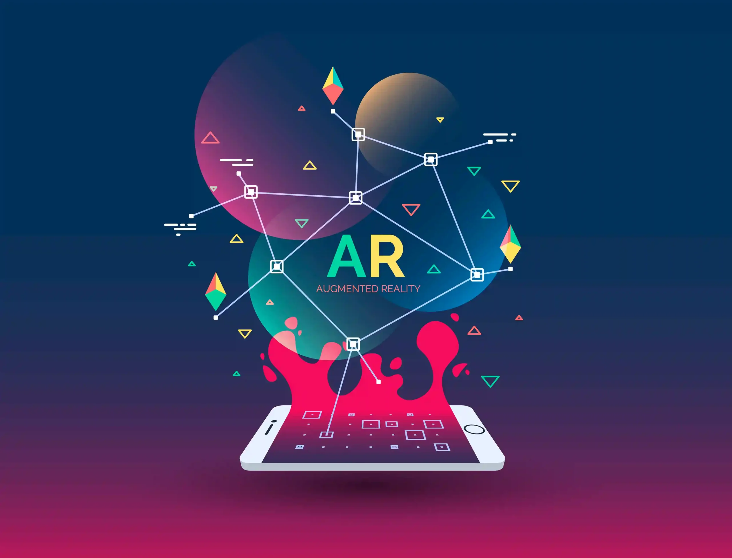 Colorful digital illustration representing augmented reality (AR) in graphic design, showing abstract geometric shapes and data nodes emerging from a smartphone screen with vibrant gradients and connected lines