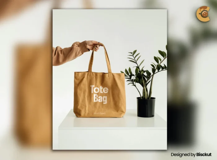 Brown tote bag mockup held in hand on white background, ideal for showcasing branding or logo design in a realistic style.