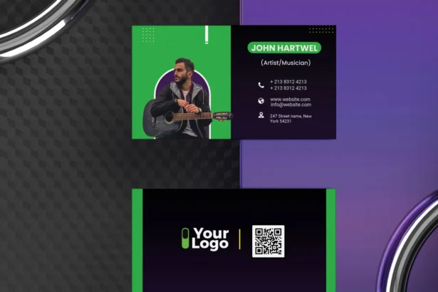 Modern musician business card PSD template with editable layers, placed on dark background, CMYK, clean layout