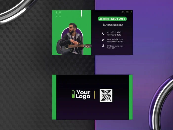 Modern musician business card PSD template with editable layers, placed on dark background, CMYK, clean layout
