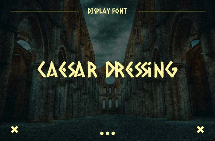 Caesar Dressing font preview with vintage ancient-style letters on textured background for branding and creative projects.