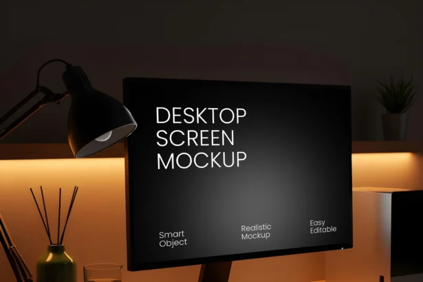 Desktop screen mockup on a wooden desk with lamp, keyboard, mouse, and ambient lighting, ideal for UI or branding design.