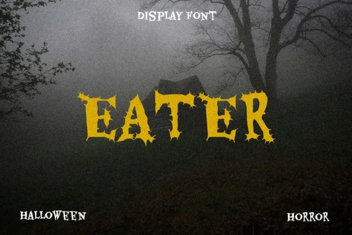 Eater font with creepy horror-style alphabet and Halloween-themed typography featuring multilingual characters