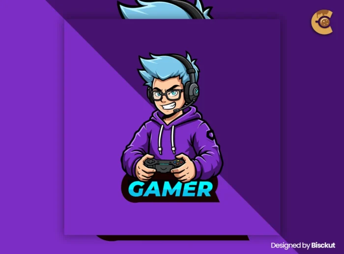 Free gaming esports logo featuring a blue-haired boy in a headset and purple hoodie holding a game controller.