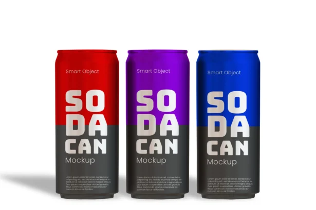 Free soda can mockup with editable red, purple, and blue cans for branding and packaging design.