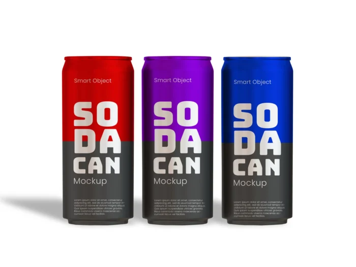Free soda can mockup with editable red, purple, and blue cans for branding and packaging design.