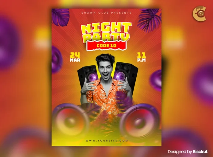 Free disco party flyer PSD with bold colors, speakers, tropical leaves, and excited male model – perfect for club events.