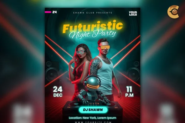 Futuristic party flyer with robot DJ and glowing crowd in retro-futurism style, editable PSD template.