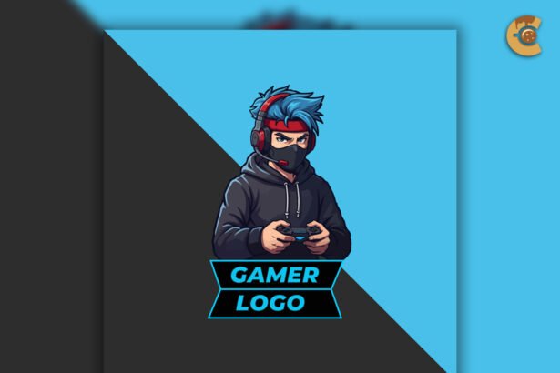 Gamer mascot logo with blue hair, headset, hoodie, and controller, featuring bold "Gamer Logo" text.