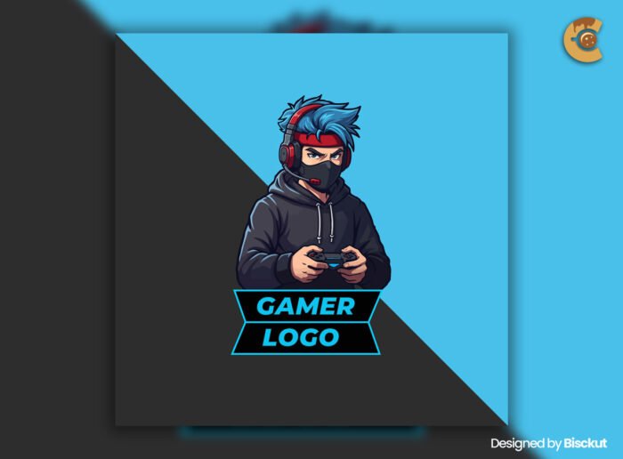 Gamer mascot logo with blue hair, headset, hoodie, and controller, featuring bold "Gamer Logo" text.