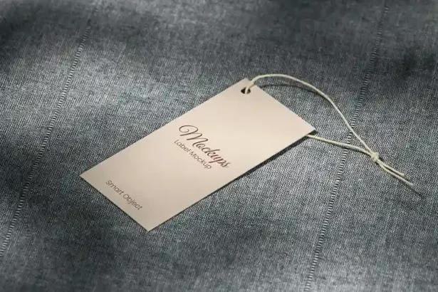 Free merchandise label tag mockup PSD on fabric background, ideal for branding and product label design