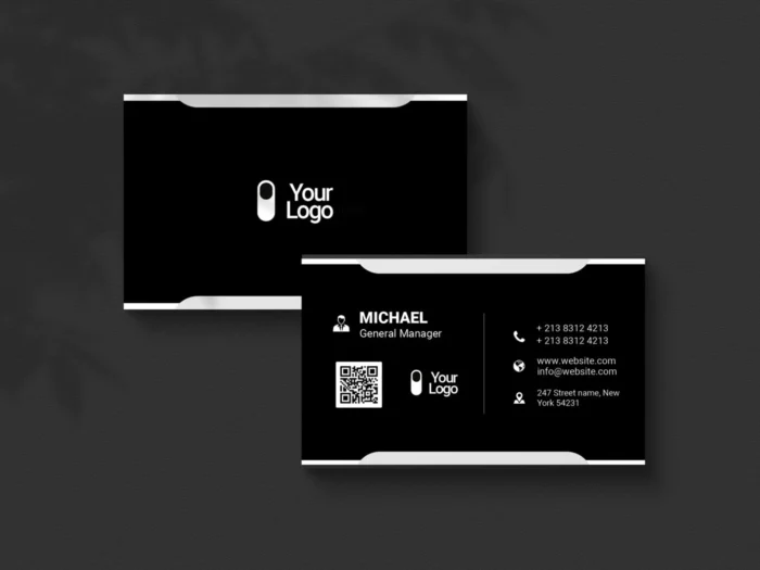 Free Photoshop business card template with a sleek black design, fully editable for any profession or personal brand.