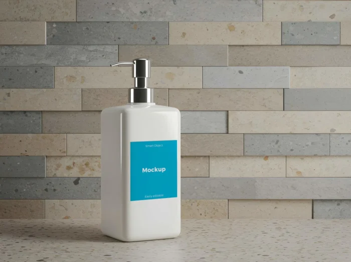 Cyan-labeled liquid soap bottle mockup on white background, perfect for clean and modern packaging presentations.
