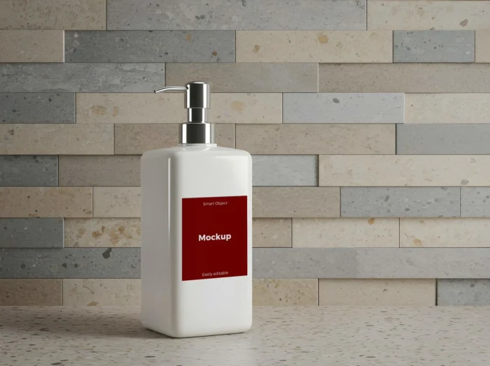 Maroon-labeled liquid soap bottle mockup on white background, ideal for premium skincare and cosmetic branding visuals.