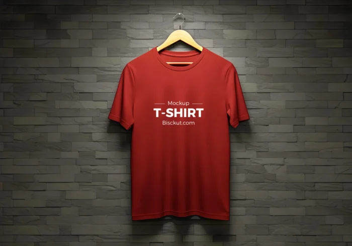 Red T-shirt mockup on a hanger against a dark brick background, highlighting fabric texture, muted tone, and realistic lighting.