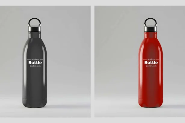 Black and red water bottle mockup PSD with realistic lighting on a gray background, ideal for showcasing branding designs. 4o