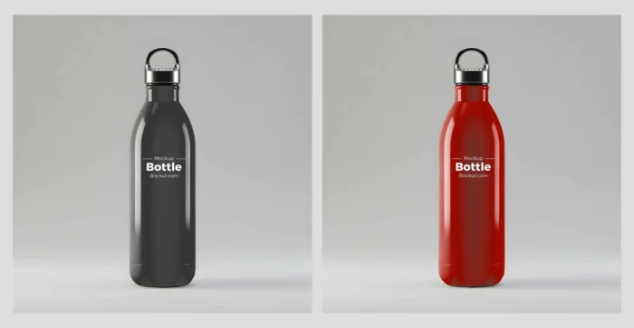 Black and red water bottle mockup PSD with realistic lighting on a gray background, ideal for showcasing branding designs. 4o