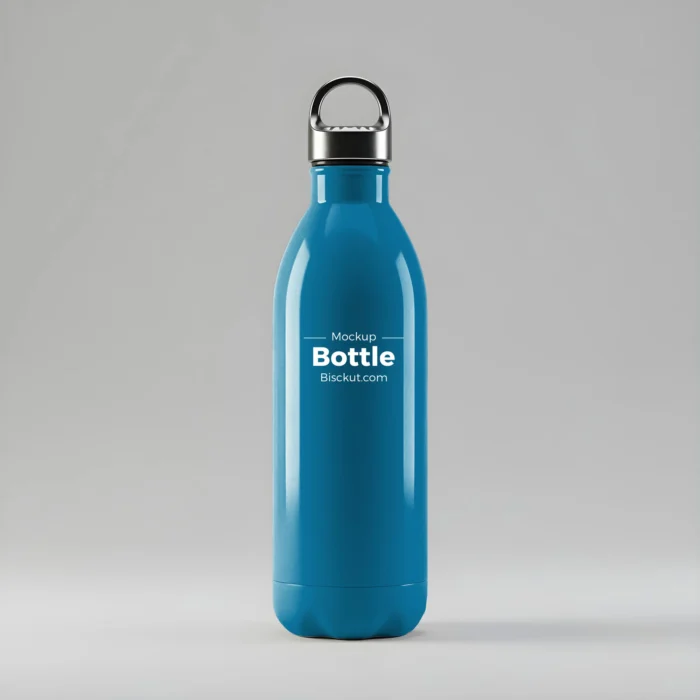 Sky blue water bottle mockup PSD with metallic cap on gray background, ideal for branding and packaging design display.