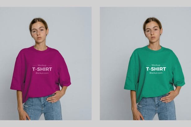 Woman wearing oversized magenta and green t-shirt mockups, perfect for realistic apparel design presentation.