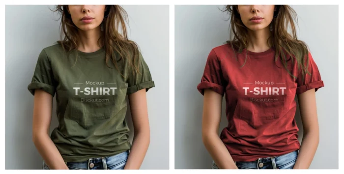 Free woman T-shirt mockup PSD showing front view of a female model in olive green and red rolled sleeve shirts with logo.