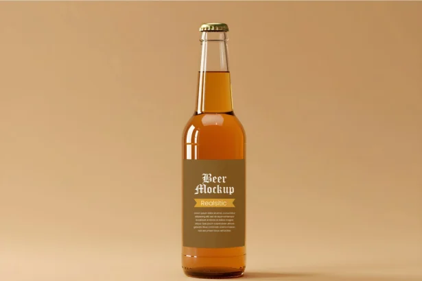 Free beer bottle mockup with customizable label and smart object, perfect for branding or packaging presentations.