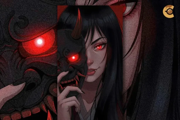 Anime girl with devilish look holding a Japanese Oni mask, 9:16 wallpaper for iPhone and Android screens