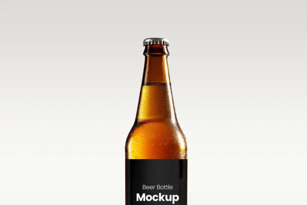 Realistic beer bottle label mockup with condensation and editable black label on a light gradient background.