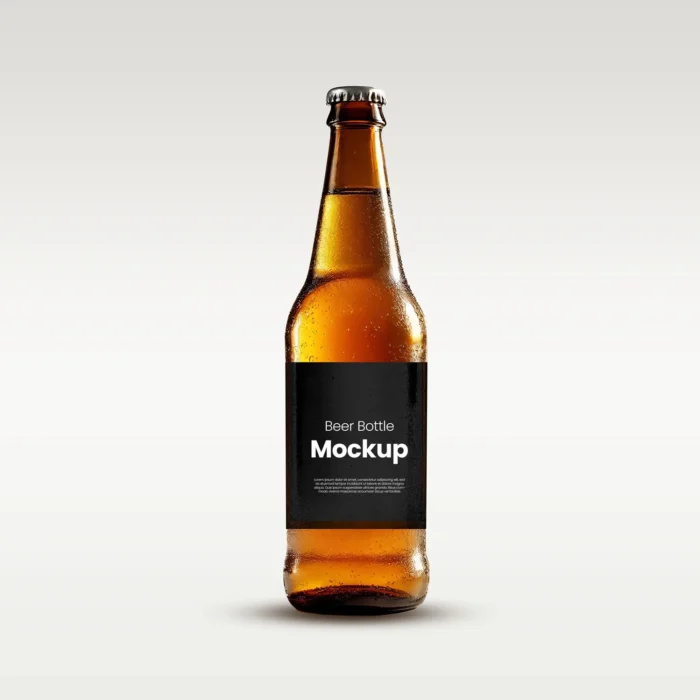 Realistic beer bottle label mockup with condensation and editable black label on a light gradient background.