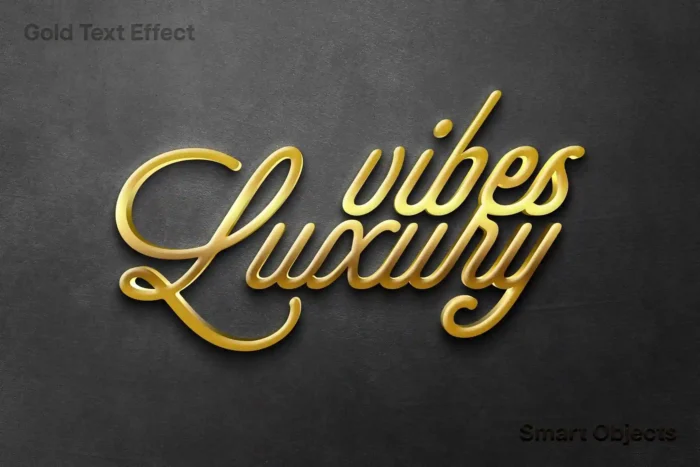 Golden embossed text effect PSD with realistic metallic shine on a dark background