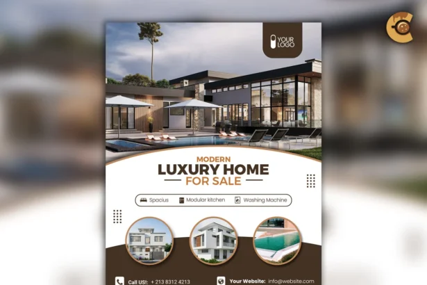 Modern luxury home for sale flyer template with pool image, icons, and contact info in a clean, stylish layout.