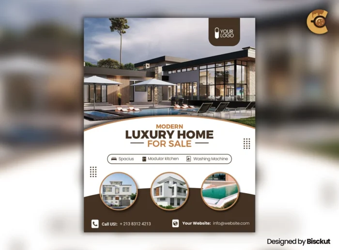 Modern luxury home for sale flyer template with pool image, icons, and contact info in a clean, stylish layout.